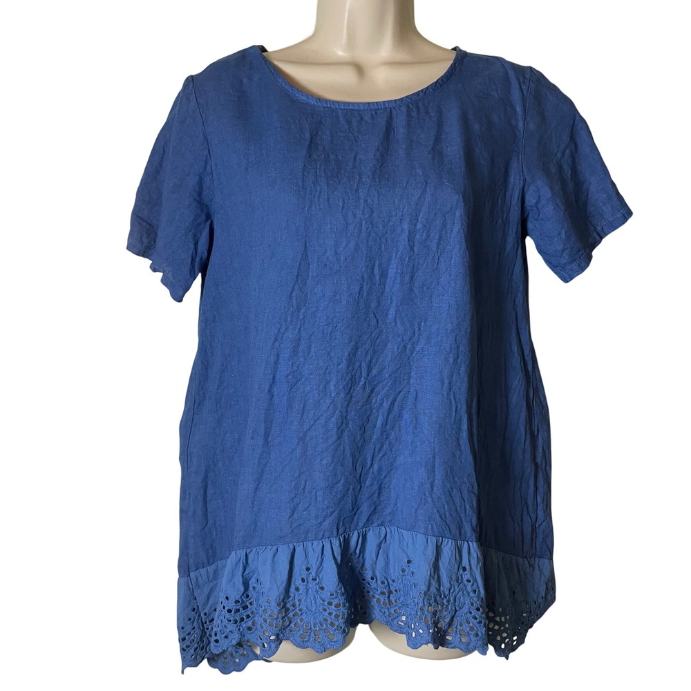 Terzo Millennio Italy Blue Linen Eyelet Lace Ruffle Hem Tunic Top Small